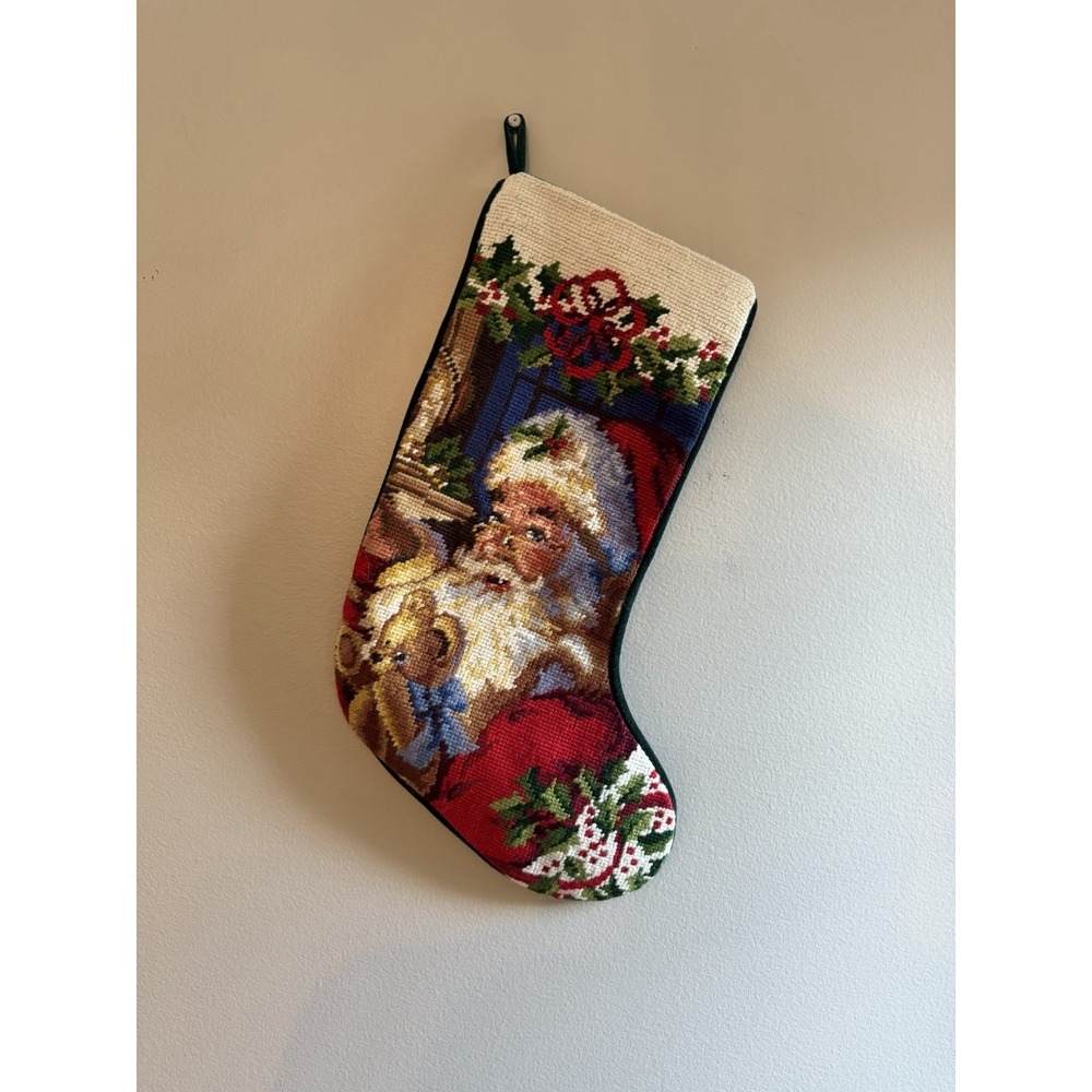 Santa Teddy Bear Christmas Stocking Needlepoint Fireplace Holly